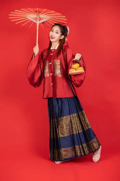 汉服红色背景新年龙年春节美女人物摄影图摄影图