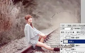 用ps调出灰调红褐色户外铁轨美女照片