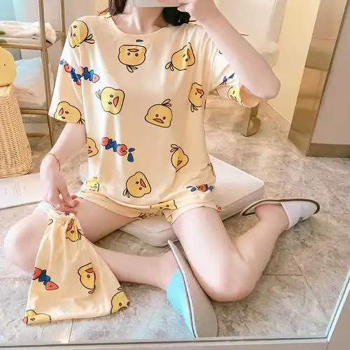 ins风网红睡衣女夏季短袖短裤薄款两件套可爱卡通学生休闲家居服