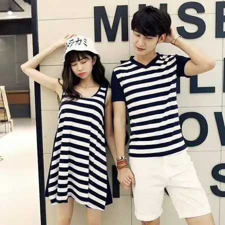 休闲奇芭2015夏季新款韩版时尚条纹情侣连衣裙女装