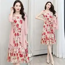 2020春装新款韩版女装修身时尚雪纺连衣裙外套两件套碎花中长裙