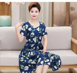 夏季长裤大裙摆连衣裙女士印花棉绸裙老年人大码裙子女中老年女装宾特