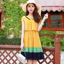 巨火龙女装新款时尚拼色大摆修身雪纺短袖连衣裙13n310