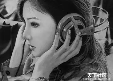 铅笔素描黑白映画里的亚洲女孩