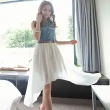 夏季仙女裙女装长裙牛仔雪纺拼接飘逸连衣裙