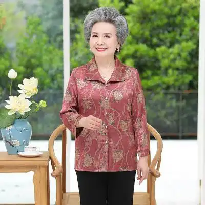 洋湖轩榭2020妈妈装夏季中老年女装老太太七分袖衬衫奶奶装仿真丝大码上衣c