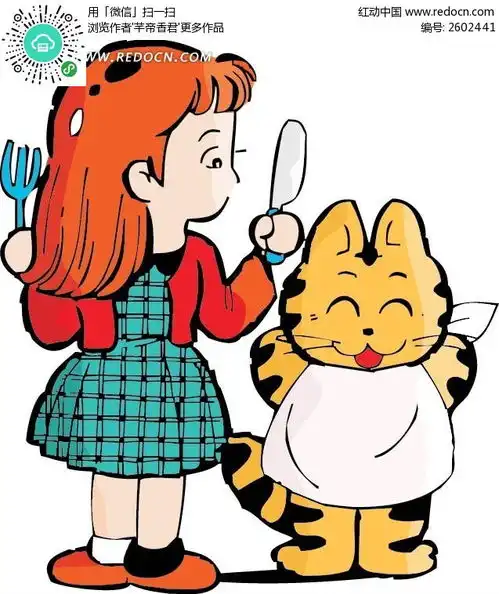 举着刀叉的女孩和猫卡通画ai素材免费下载红动网