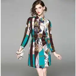 春季欧美女装新款翻领长袖简约气质松紧腰真丝连衣裙1805j606