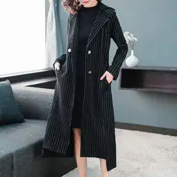 洋湖轩榭秋冬新款女装欧美时尚条纹毛呢大衣不规则双排扣长款外套a图片大全邮乐官方网站