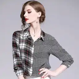 法米姿新款春装女衬衫气质时尚格纹拼接撞色雪纺衬衫上衣59139图片大全邮乐官方网站