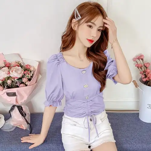 2020夏季新款时尚单排扣收腰显瘦短款上衣女装设计感小众雪纺衬衫