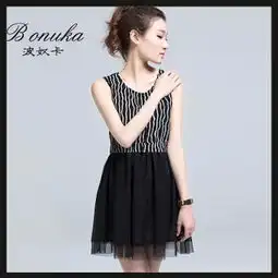 欧洲站2015新款时尚潮流条纹网纱拼接无袖雪纺连衣裙夏季女装批发