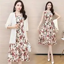 2020春装新款韩版气质修身时尚雪纺连衣裙外套两件套碎花中长裙