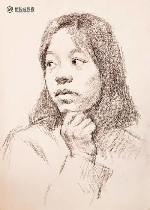 素描头像带手女青年