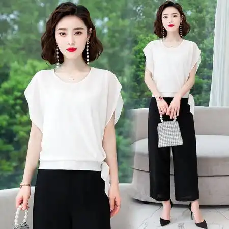 韩域丹依娜2020新款夏装大码女装时尚气质小香风名媛雪纺衫阔腿裤两件套套装