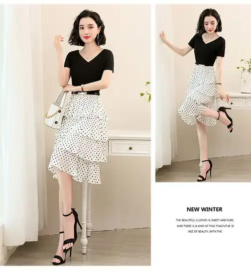 施悦名2019新夏款时尚拼接蛋糕裙雪纺波点连衣裙配腰带a