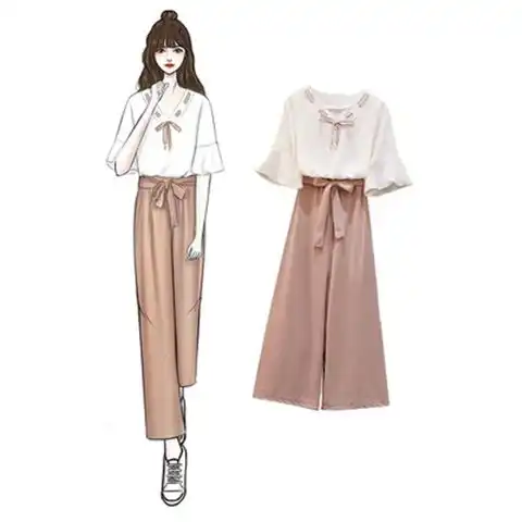 2020春夏季新款雪纺两件套女装学生韩版系带宽松阔腿裤时尚套装女