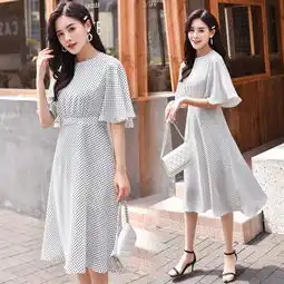2019夏季新款女装中长裙中袖点点收腰雪纺连衣裙女