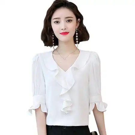 施悦名夏季款短袖雪纺衫女韩版时尚甜美v领荷叶边衬衫小衫上衣女装a