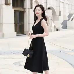 汤河店2019夏季新款女装欧美时尚纯色v领拼接修身显瘦大摆中长款连衣裙