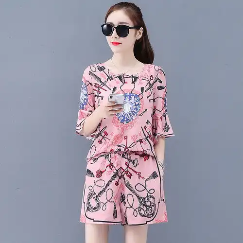 时尚套装女2020新款夏韩版宽松减龄网红气质短裤雪纺洋气两件套潮