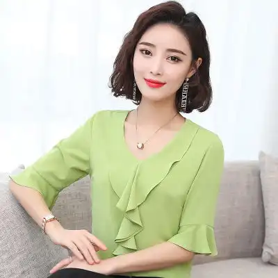 图荣夏季款荷叶边v领雪纺衫女韩版时尚甜美喇叭袖五分袖上衣女装