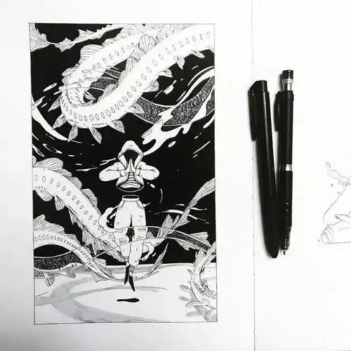女生与海意境黑白插画大气磅礴的气势美呆了