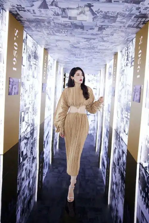 组图曾黎金色皱褶长裙露纤细蛮腰红唇卷发妩媚女人味
