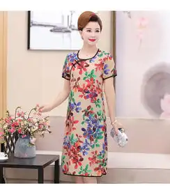 lzf2018夏装韩版中老年女装天丝棉连衣裙时尚印花短袖长裙