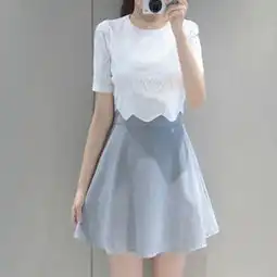 2015新款韩版女装拼接雪纺假两件短袖连衣裙夏季短裙一件代发