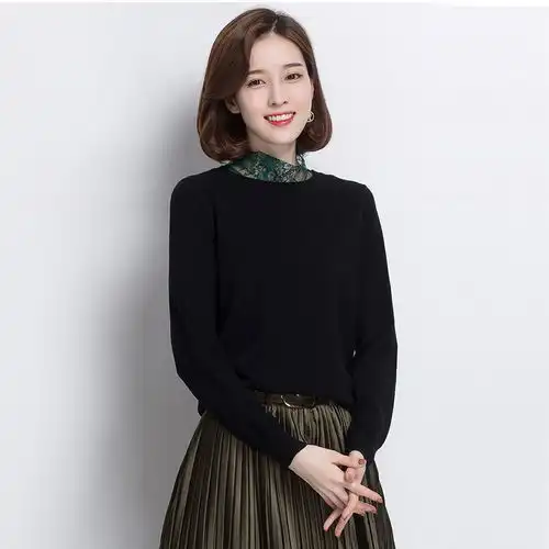 女春秋修身圆领针织衫纯色套头打底毛线衣中年妈妈装羊毛衫大码女