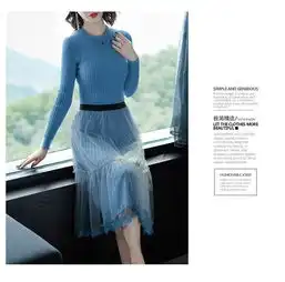 施悦名2018秋冬女装新款欧美圆领长袖修身连衣裙网纱半身裙时尚套装