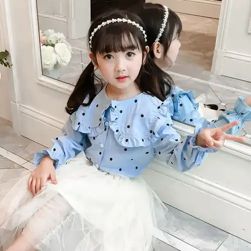 中大女童新年春秋新款圆点衬衫喇叭长袖娃娃领韩版潮流时尚