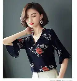 施悦名2019新款韩版夏季印花衬衫女士短袖大码女装雪纺立领时尚上衣女