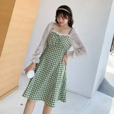 施悦名大码女装雪纺格子2020秋季新款200斤大码连衣裙a