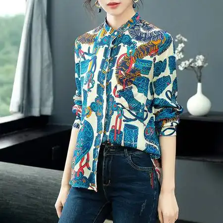 施悦名欧美时尚女装2019春季新款印花真丝衬衫女式开衫上衣
