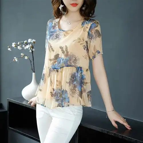 妈妈夏装新款女士雪纺衫女上衣短袖洋气宽松显瘦时尚荷叶边遮肚子