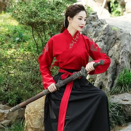 改良汉服古风女学生齐腰汉服绣花交领日常古装武侠风cos班服红色