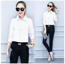 2016秋装新款韩版时尚雪纺衫女显瘦长裤潮衬衫女长袖两件套