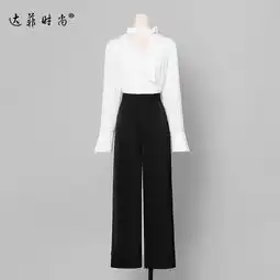 2018秋装新款女装欧美时尚不对称翻领系带上衣显瘦阔腿裤套装