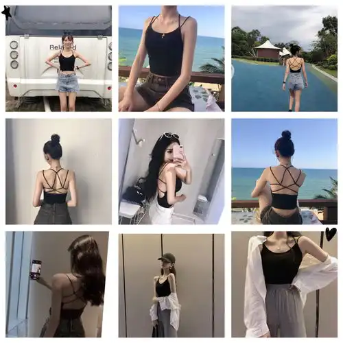 抖音同款少女交叉露背修身吊带小背心带胸垫短款外穿打底上衣