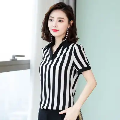 嘉健短袖竖条纹雪纺衫女夏季韩版时尚显瘦职业衬衫上衣一件代发