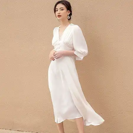 施悦名2019春夏新款时尚欧美性感气质女装v领收腰修身中长款礼服连衣裙a