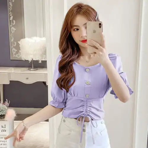 2020夏季新款时尚单排扣收腰显瘦短款上衣女装设计感小众雪纺衬衫