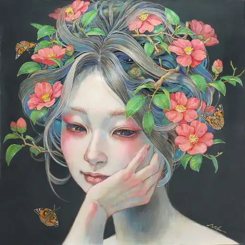 春暖花开,唯美梦幻空灵少女日本美女画家手绘风格的油画作品