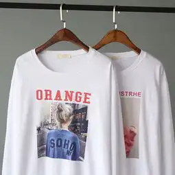 早秋韩版百搭文艺女生头像印花宽松chic上衣长袖t恤8648