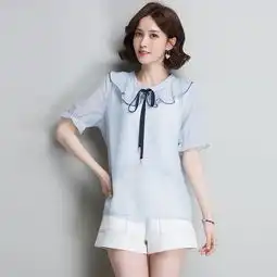 2018夏季新款女装娃娃领条纹雪纺衫上衣s8552