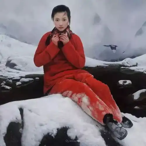 喜庆的中国红,王沂东红衣女子油画,美