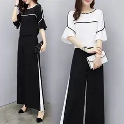 施悦名2019新款女装夏装两件套裤雪纺短袖高腰显瘦阔腿裤休闲时尚套装女a