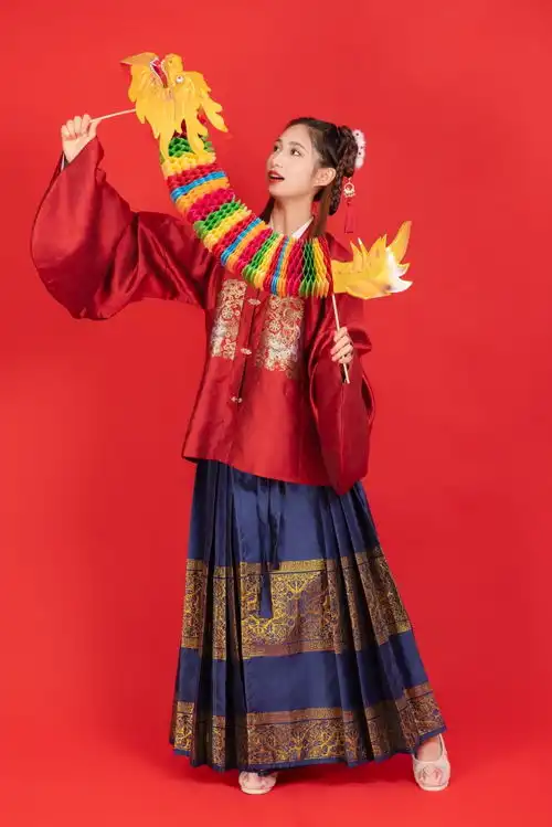 龙元素舞龙背景新年龙年春节美女人物摄影图摄影图